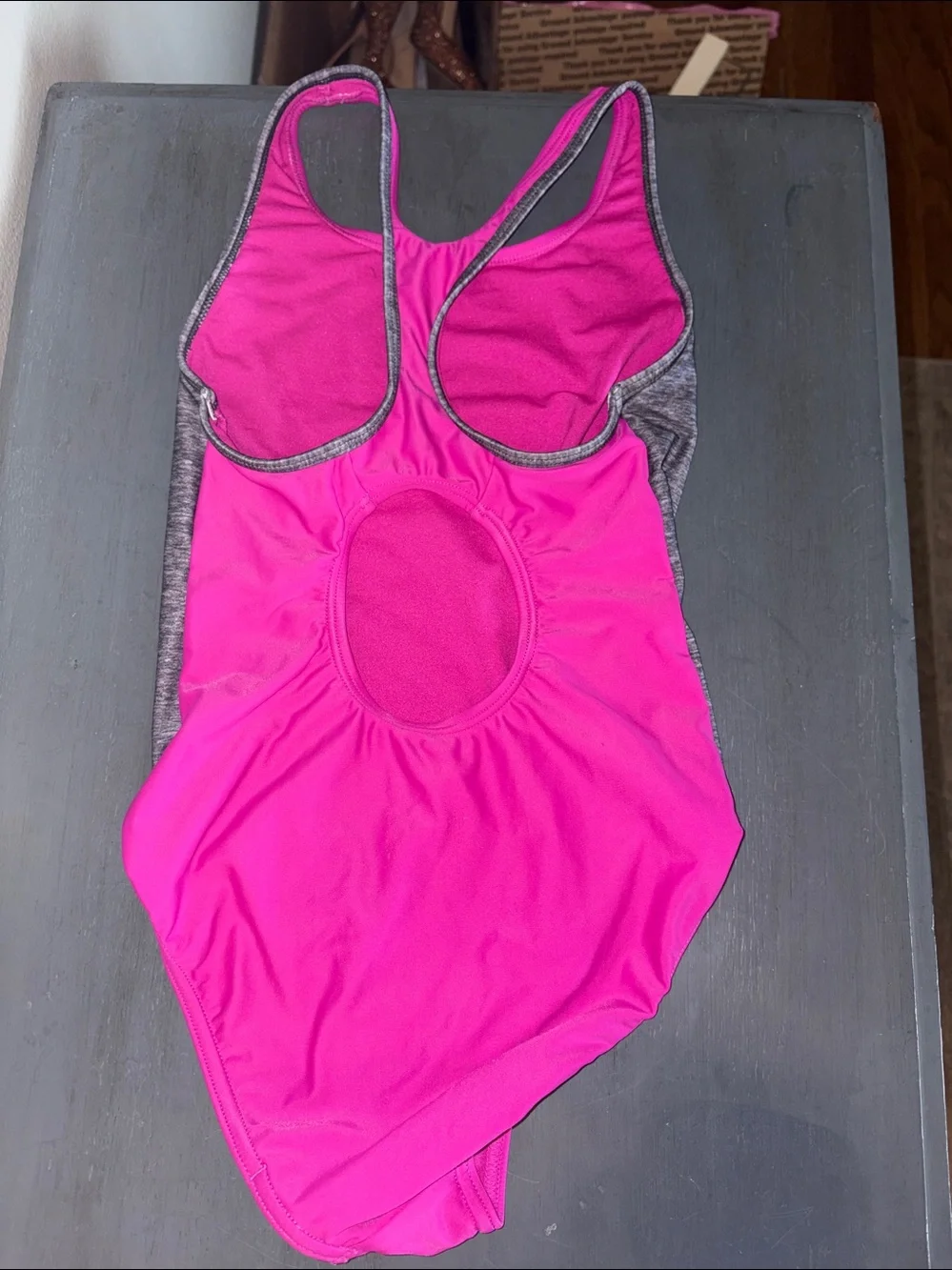 Speedo Pink One-Piece Swimsuit with Heather Gray Panels and Blue Trim sz 12 EUC